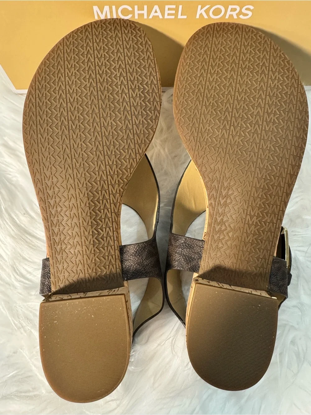 Michael Kors NEW Brown MK Logo Cork Thong Sandals with Gold Buckle